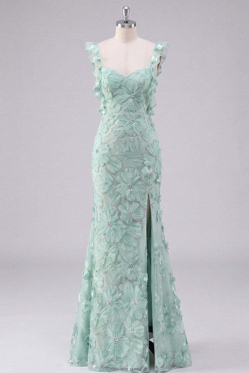 Mint Green Floral Mermaid Maxi Wedding Guest Dress with Slit