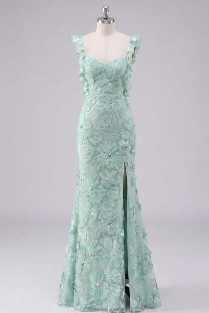 Mint Green Floral Mermaid Maxi Wedding Guest Dress with Slit