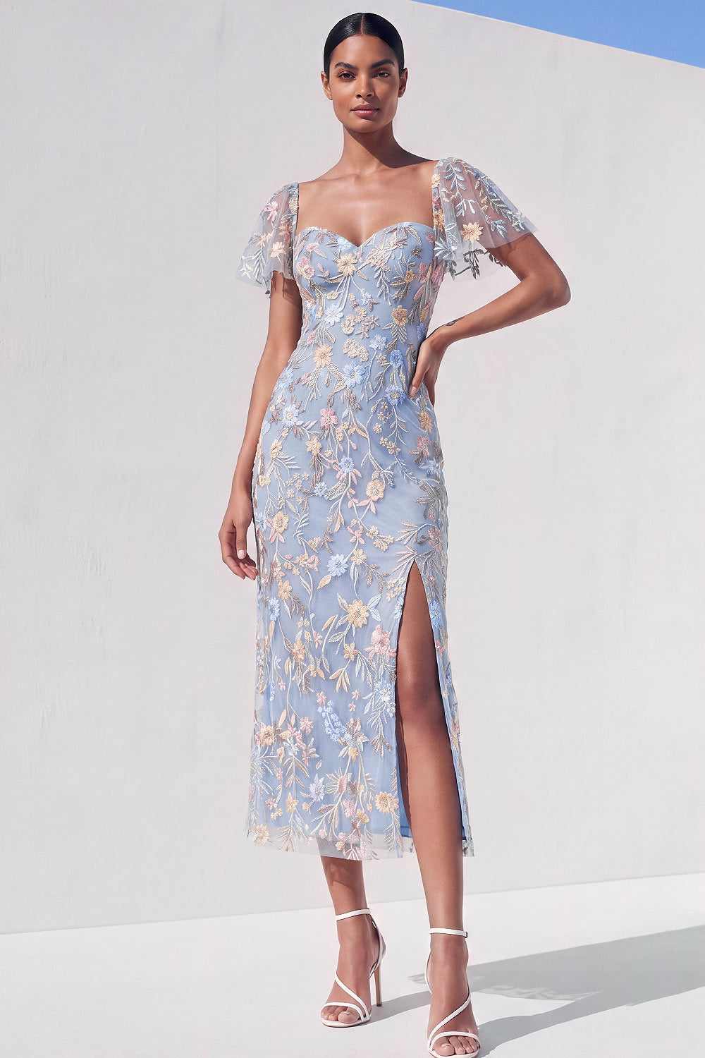 Light Blue Floral Sweetheart Sheath Midi Wedding Guest Dress with Slit