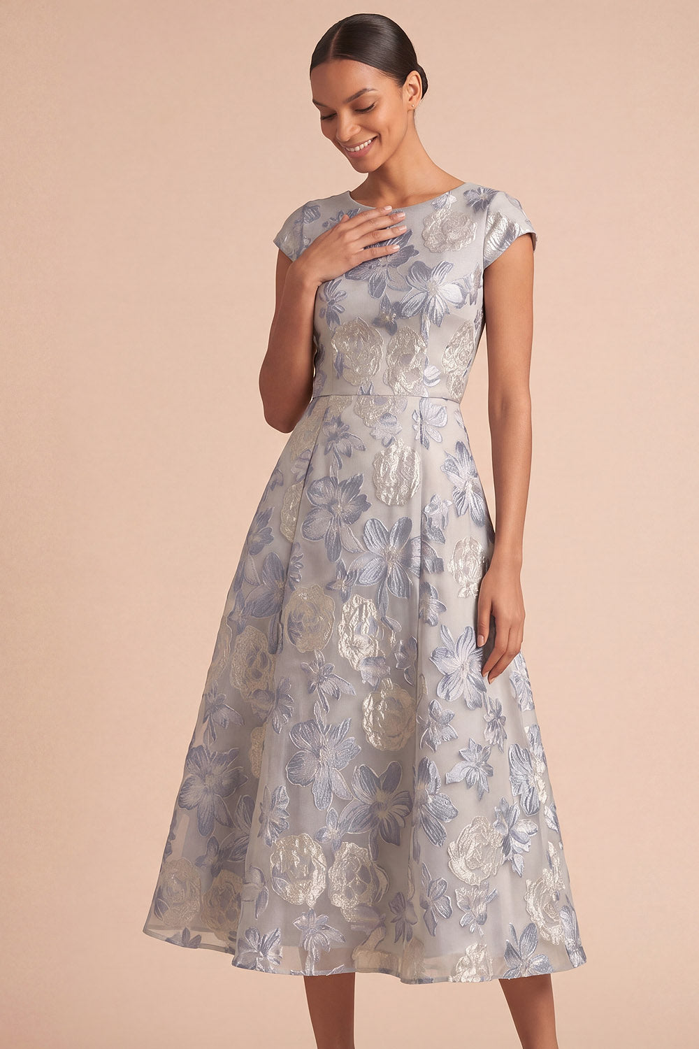 Jacquard Floral Dusty Blue Midi Wedding Guest Dress