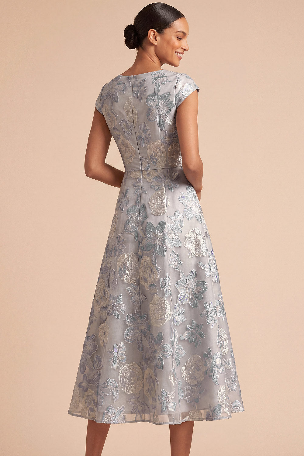 Jacquard Floral Dusty Blue Midi Wedding Guest Dress