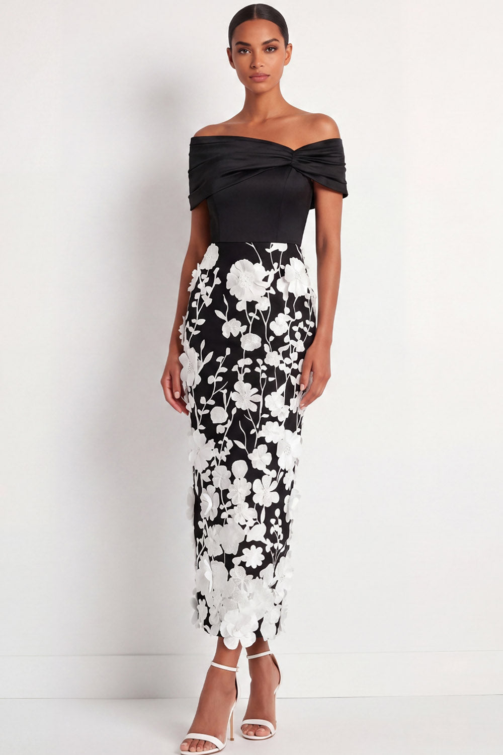 Black Floral Sheath Off the Shoulder Maxi Wedding Guest Dress