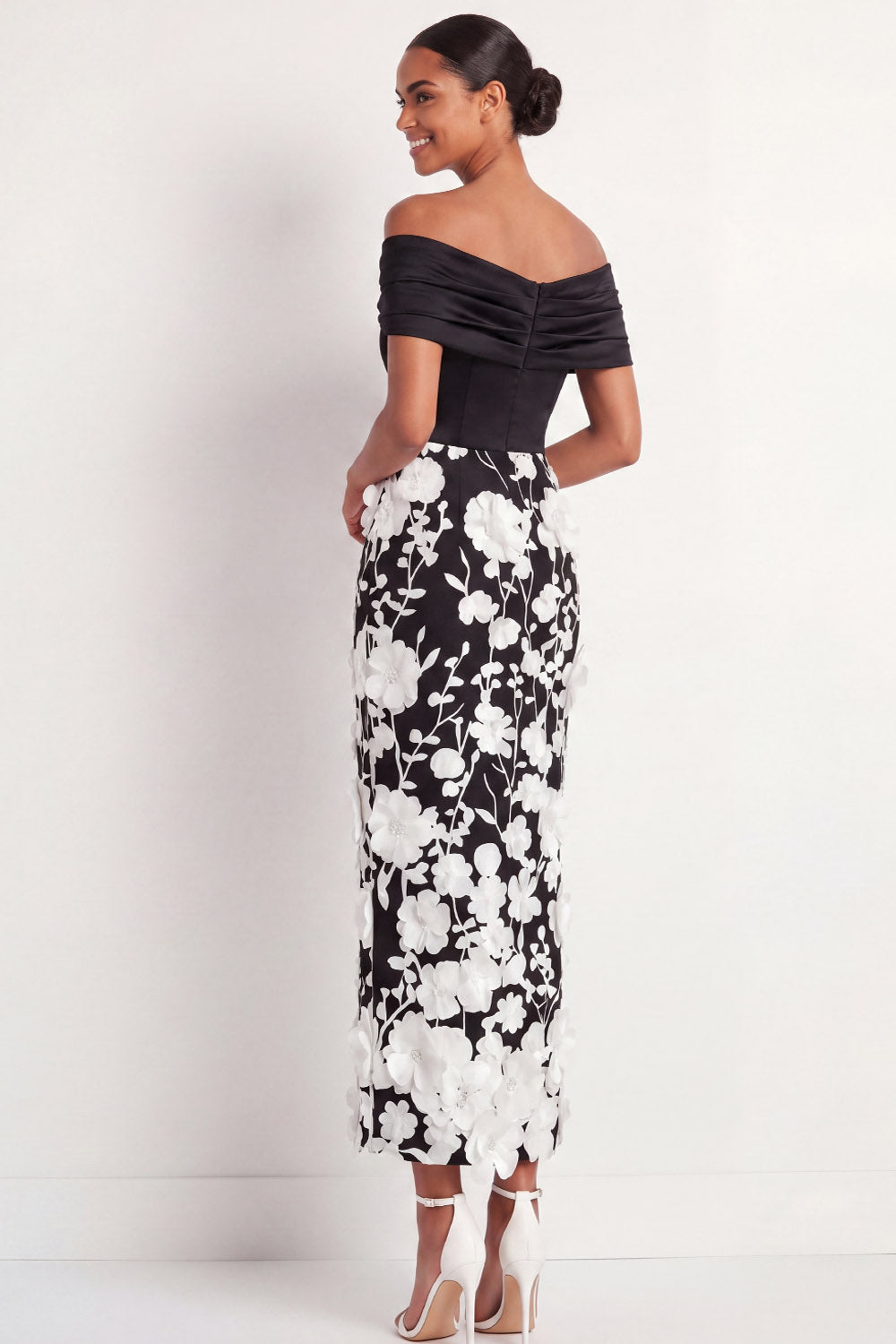 Black Floral Sheath Off the Shoulder Maxi Wedding Guest Dress