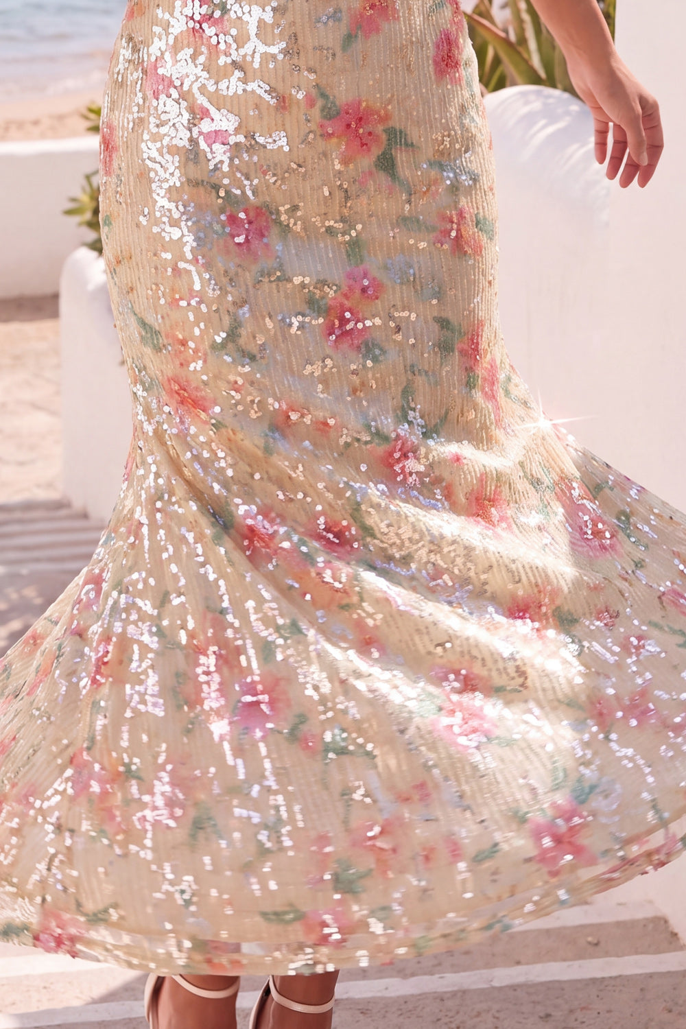 Floral Ivory Mermaid Sparkly Long Wedding Guest Dress