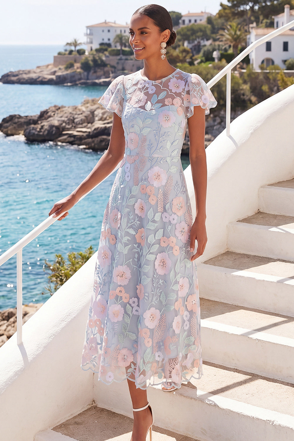 Light Blue Floral Illusion Neck A Line Long Wedding Guest Dress