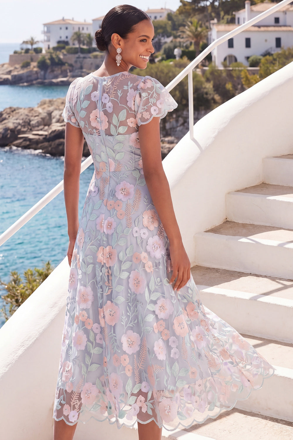 Light Blue Floral Illusion Neck A Line Long Wedding Guest Dress