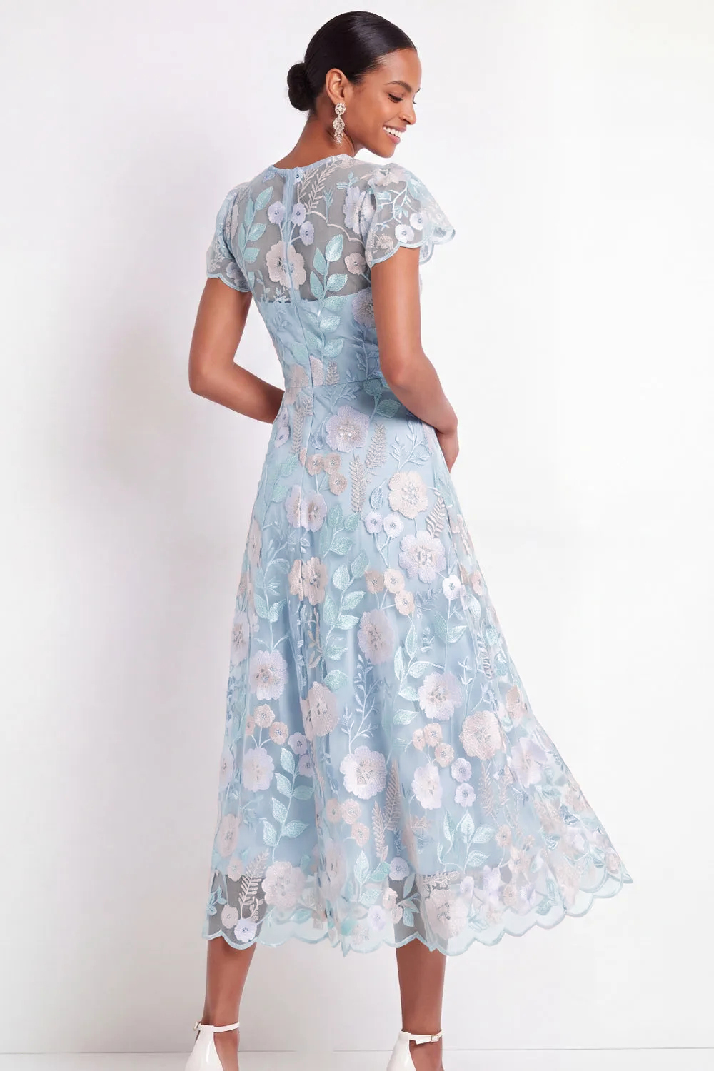 Light Blue Floral Illusion Neck A Line Long Wedding Guest Dress
