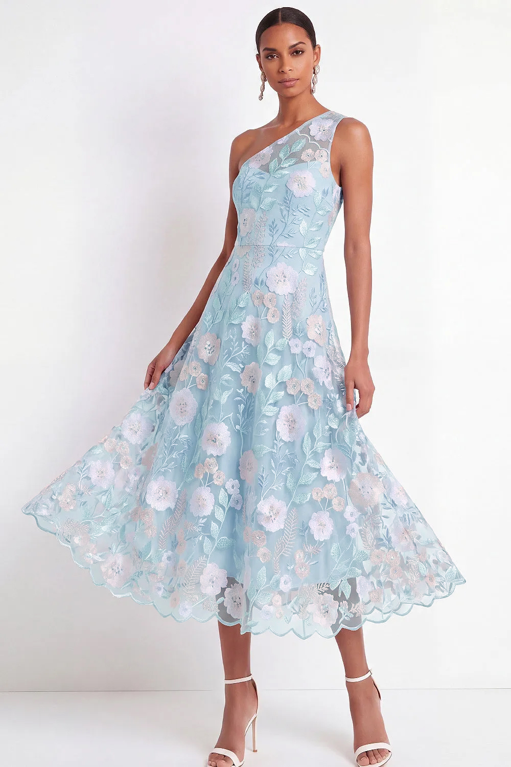 One Shoulder Floral Light Blue Long Wedding Guest Dress
