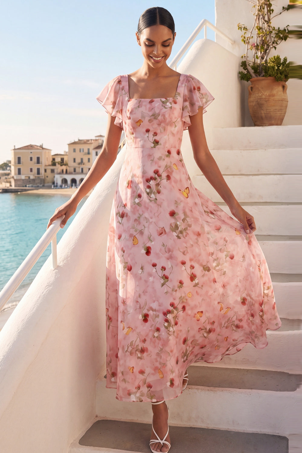Pink A Line Floral Ruffled Long Wedding Guest Dress