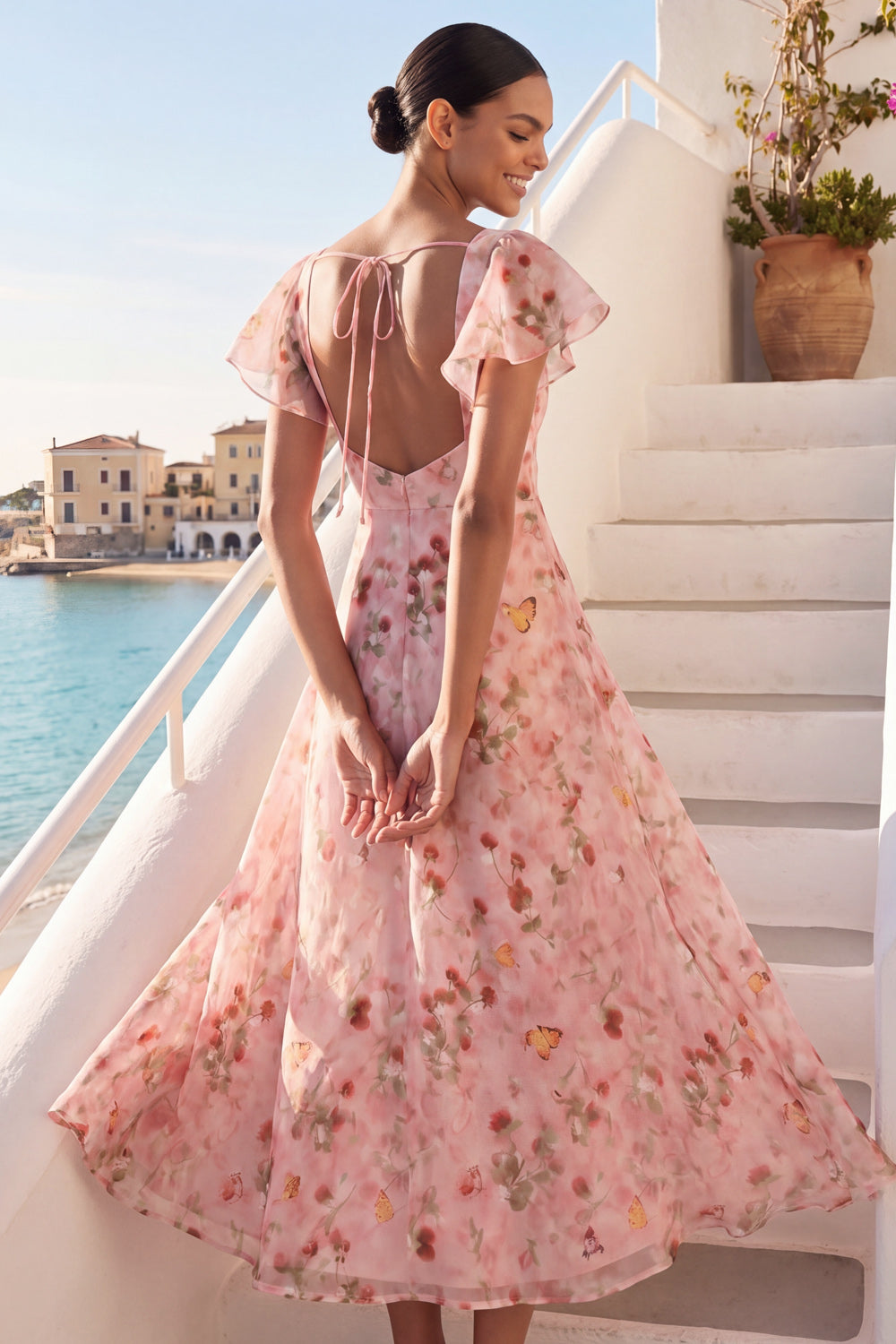 Pink A Line Floral Ruffled Long Wedding Guest Dress