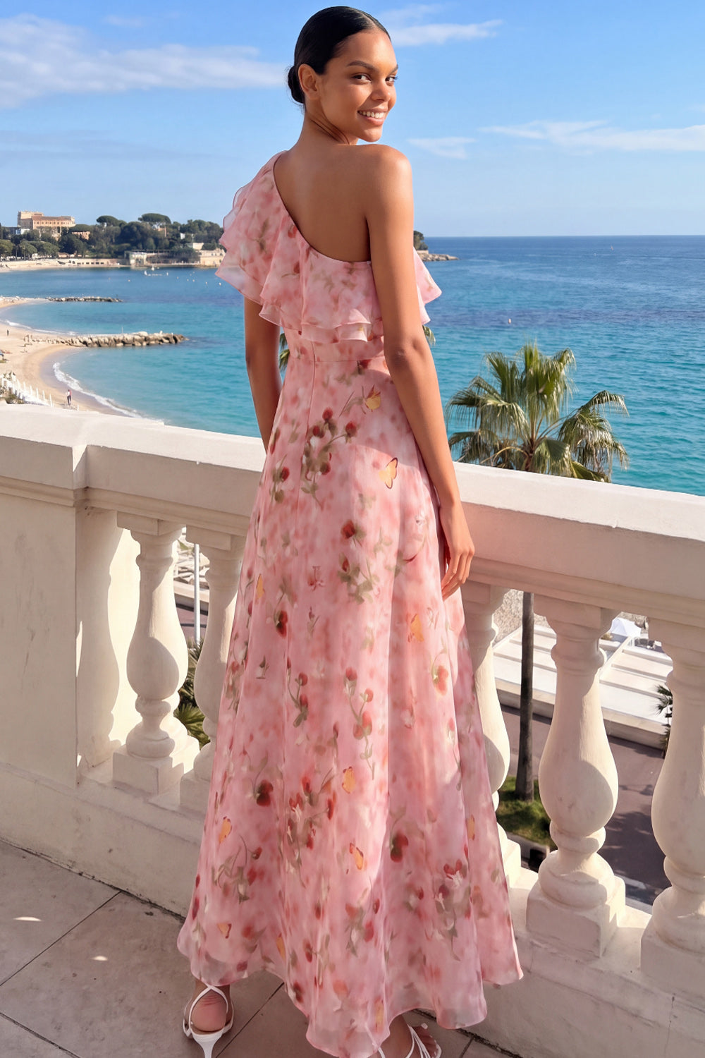Pink Ruffled A Line Floral Long Wedding Guest Dress