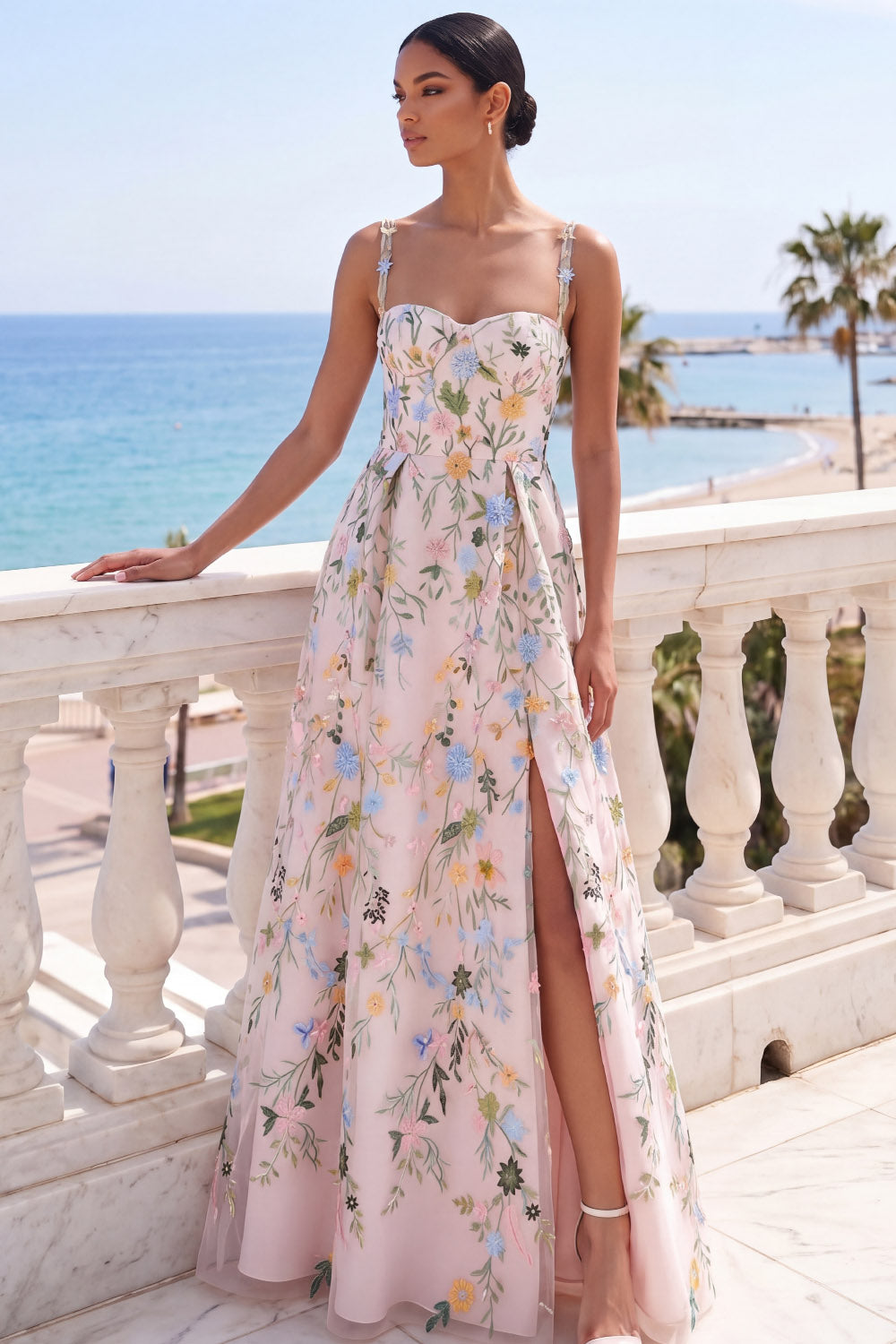Light Pink A Line Floral Long Wedding Guest Dress with Slit