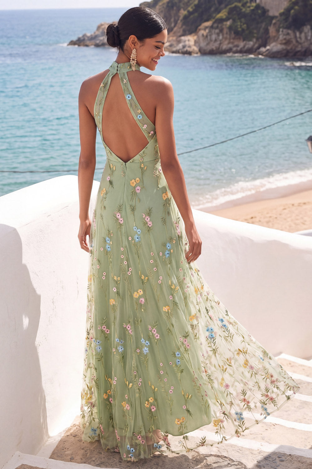 Light Green Floral A Line Halter Neck Long Wedding Guest Dress with Slit