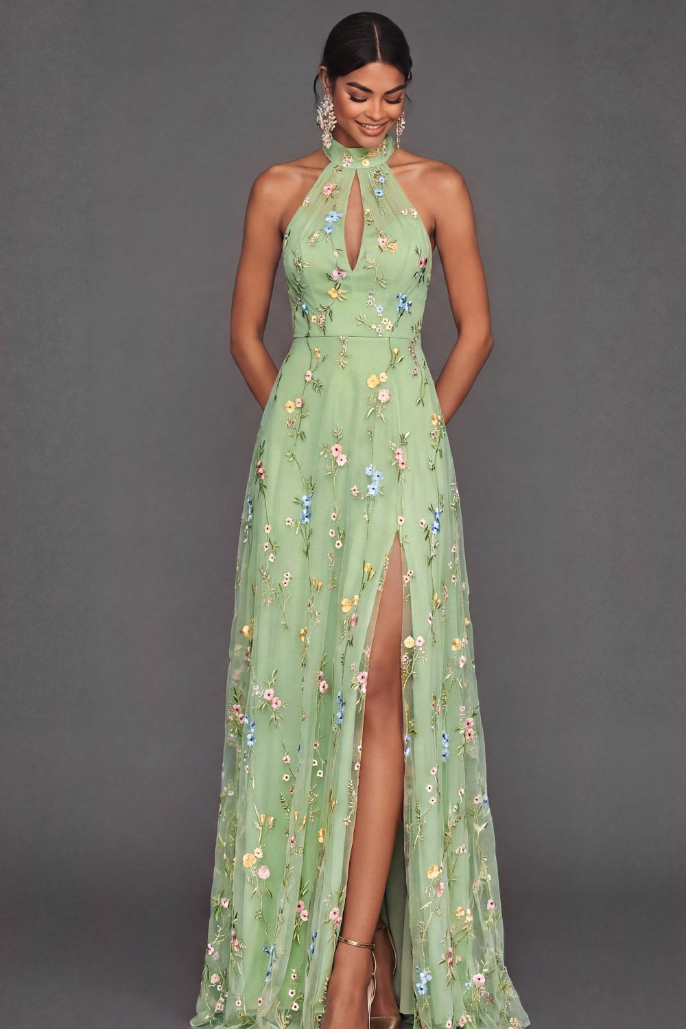 Light Green Floral A Line Halter Neck Long Wedding Guest Dress with Slit