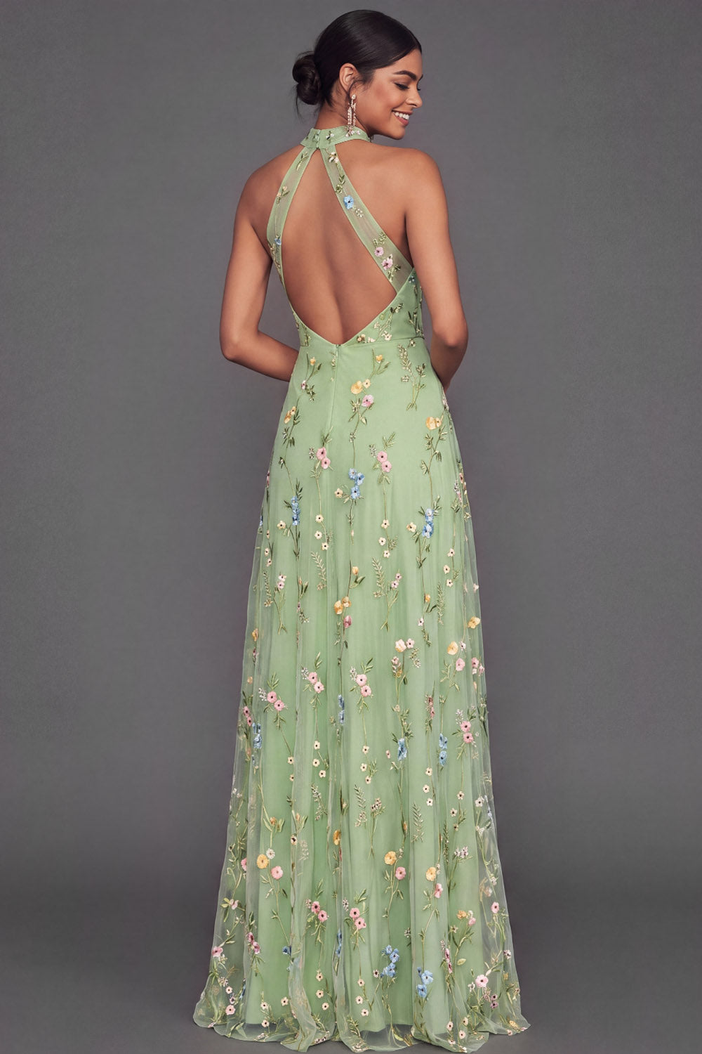 Light Green Floral A Line Halter Neck Long Wedding Guest Dress with Slit