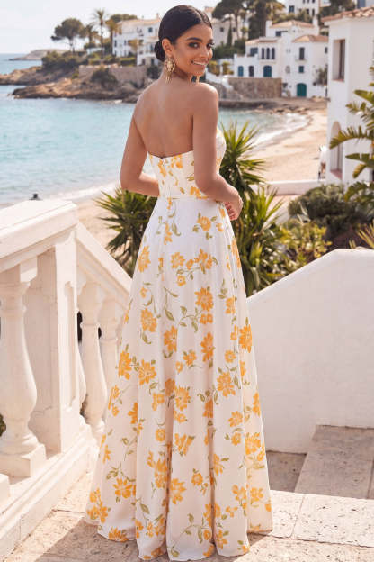 Yellow A Line Floral Sweetheart Long Wedding Guest Dress with Slit