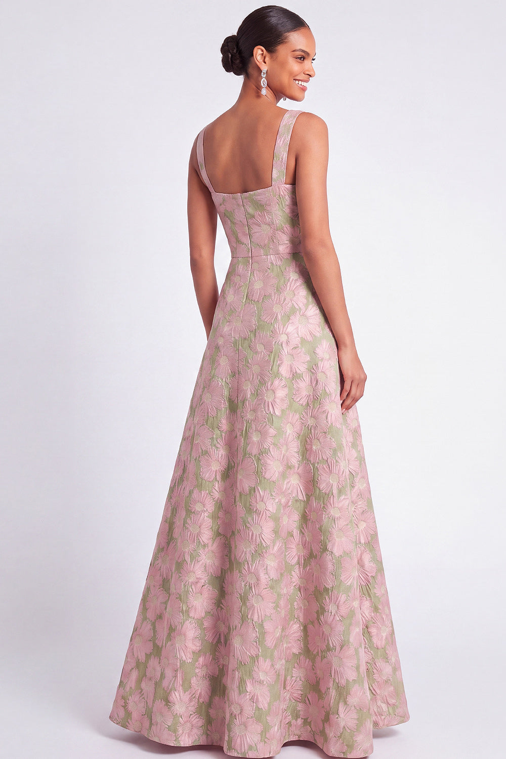 Pink and Green Floral A Line Square Neck Maxi Wedding Guest Dress