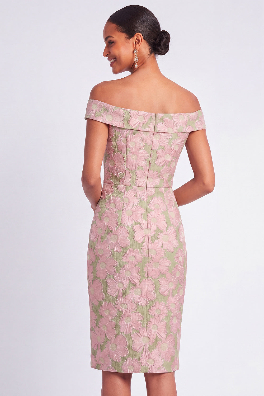 Pink and Green Floral Off the Shoulder Bodycon Short Wedding Guest Dress