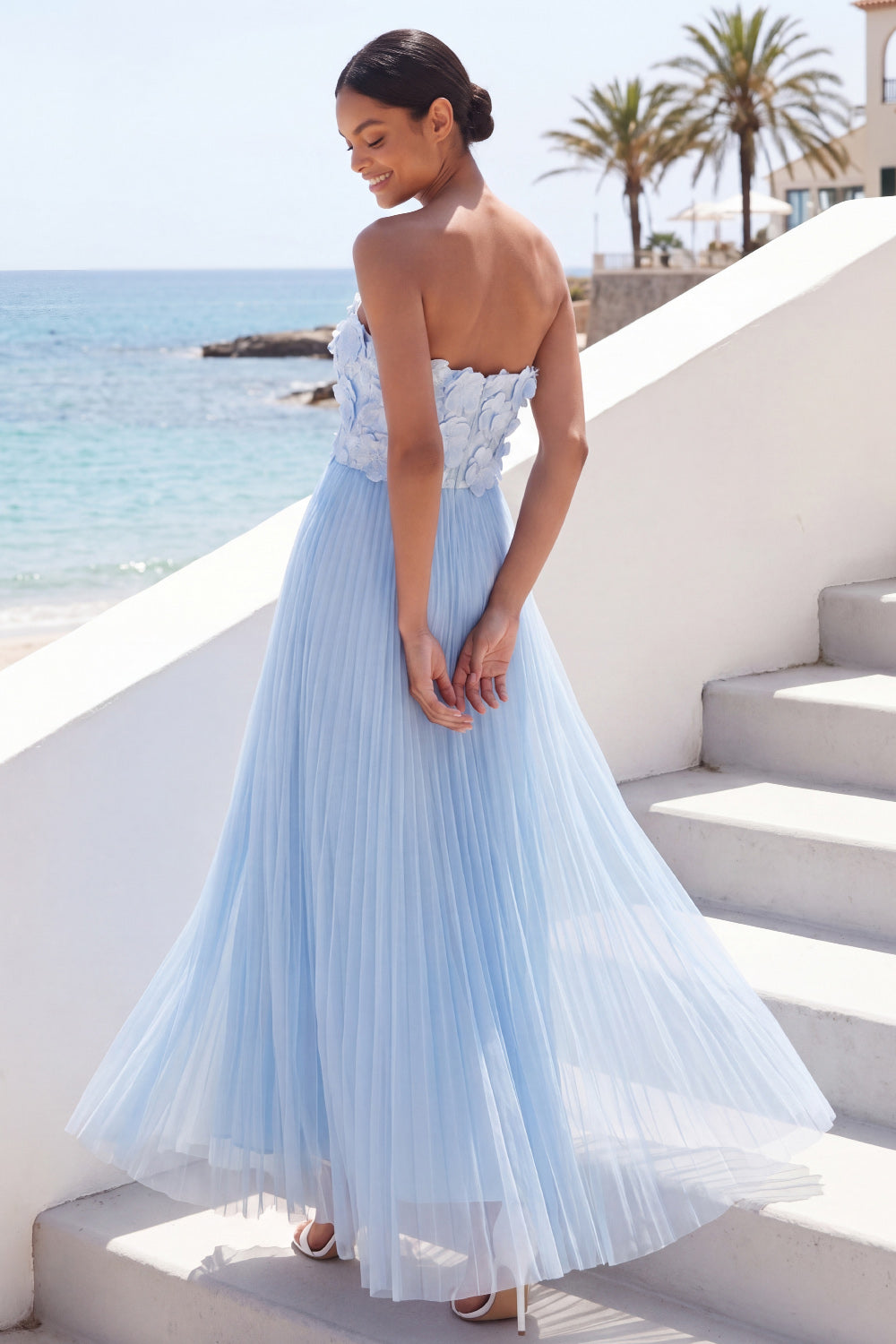 Light Blue Strapless Appliqued Pleated Maxi Beach Wedding Guest Dress