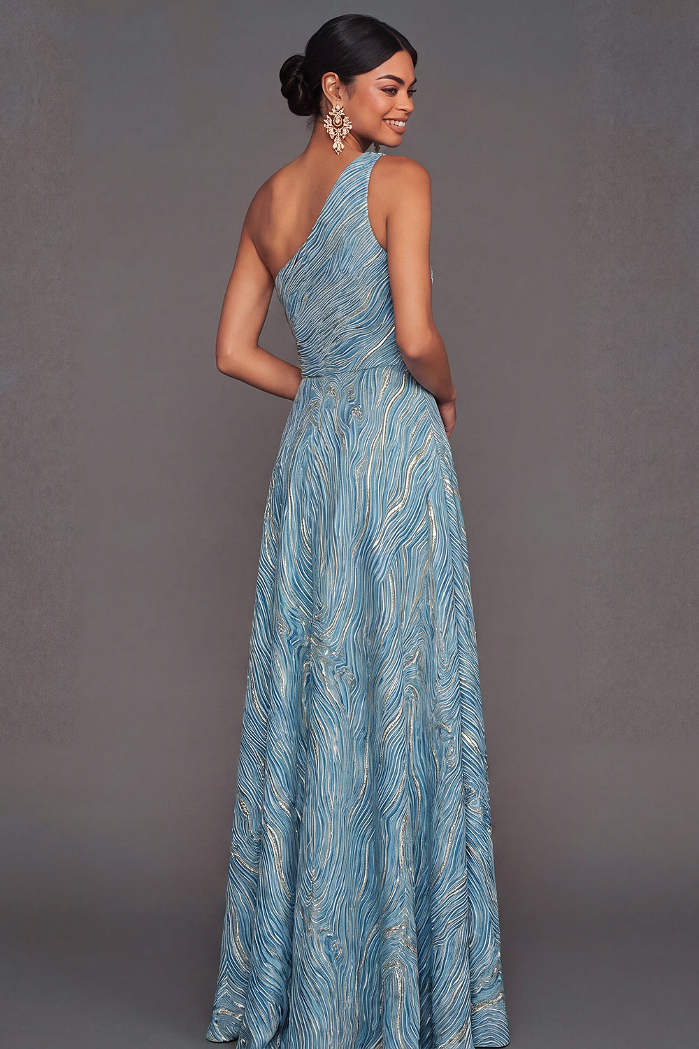 Blue A Line Floral One Shoulder Maxi Wedding Guest Dress with Slit
