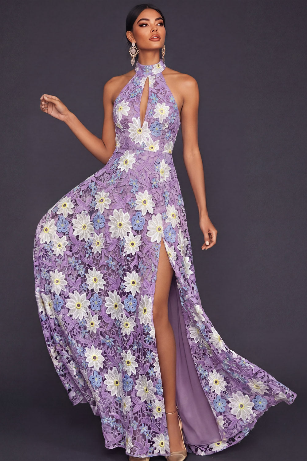Leely Women Lilac Floral A Line Maxi Wedding Guest Dress with Slit Lace Halter Keyhole Open Back Garden Party Dress