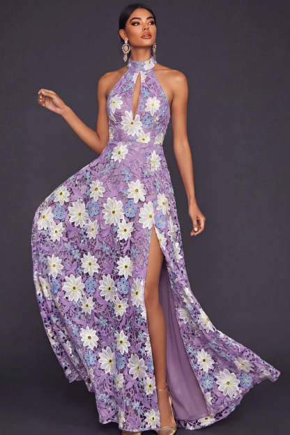 Leely Women Lilac Floral A Line Maxi Wedding Guest Dress with Slit Lace Halter Keyhole Open Back Garden Party Dress