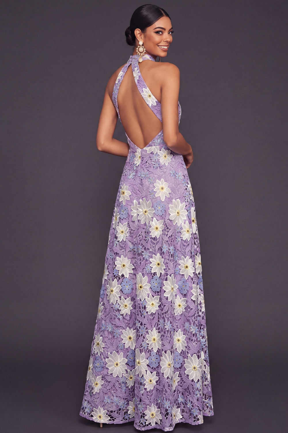 Lilac A Line Floral Keyhole Lace Maxi Wedding Guest Dress with Slit