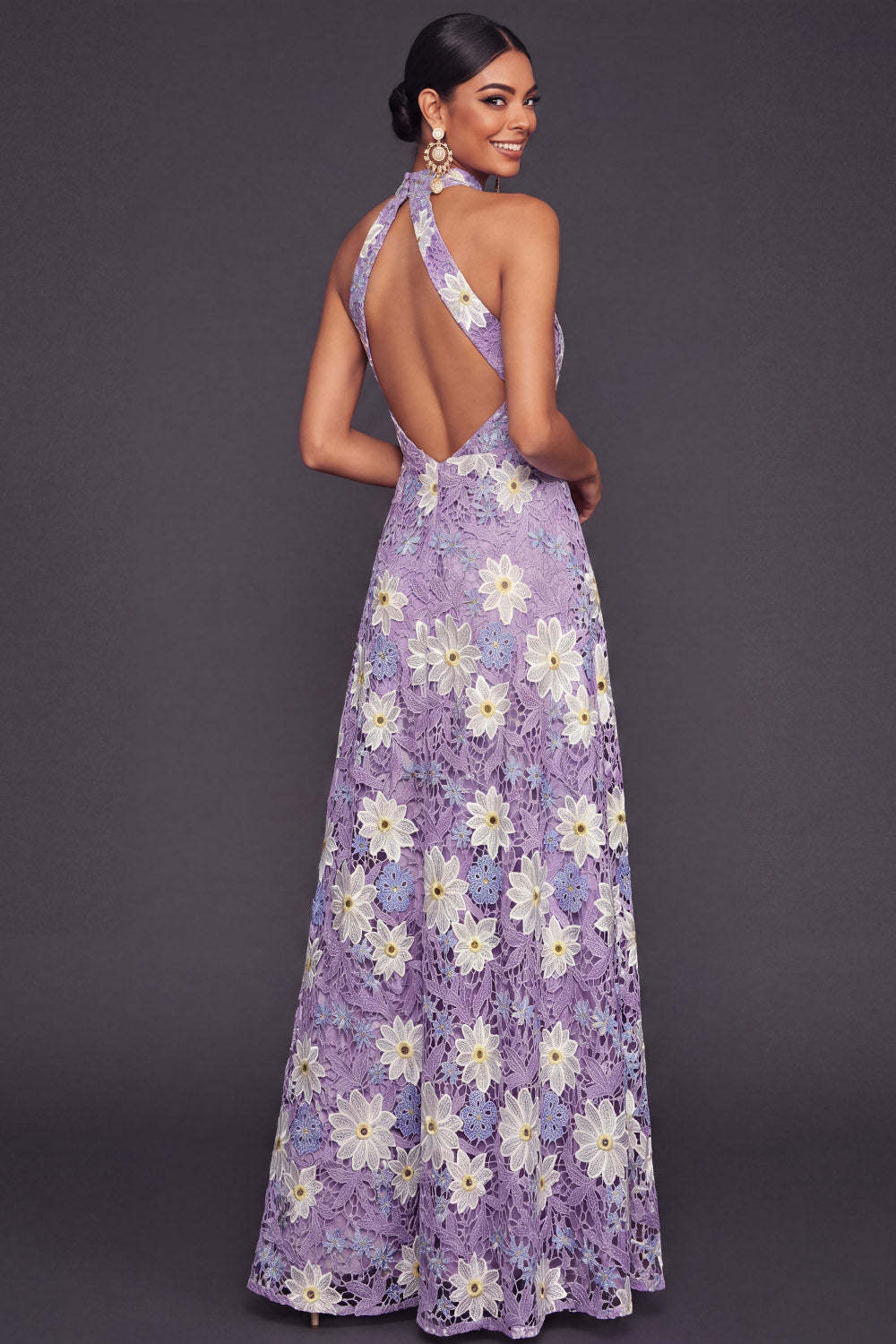 Lilac A Line Floral Keyhole Lace Maxi Wedding Guest Dress with Slit