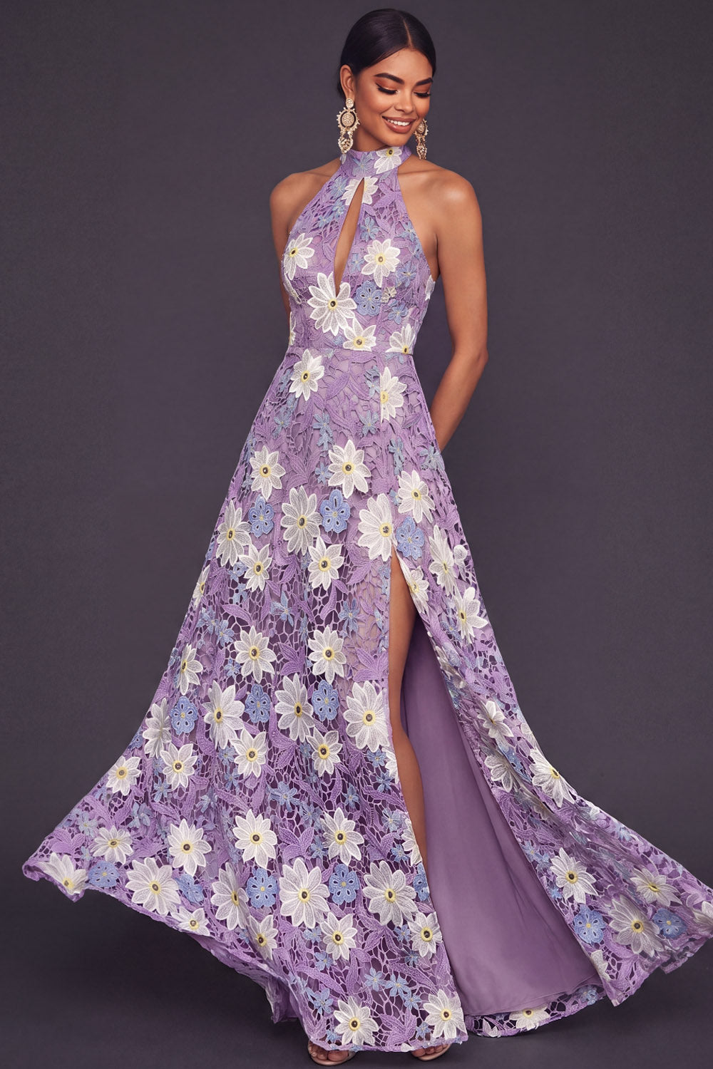 Lilac A Line Floral Keyhole Lace Maxi Wedding Guest Dress with Slit