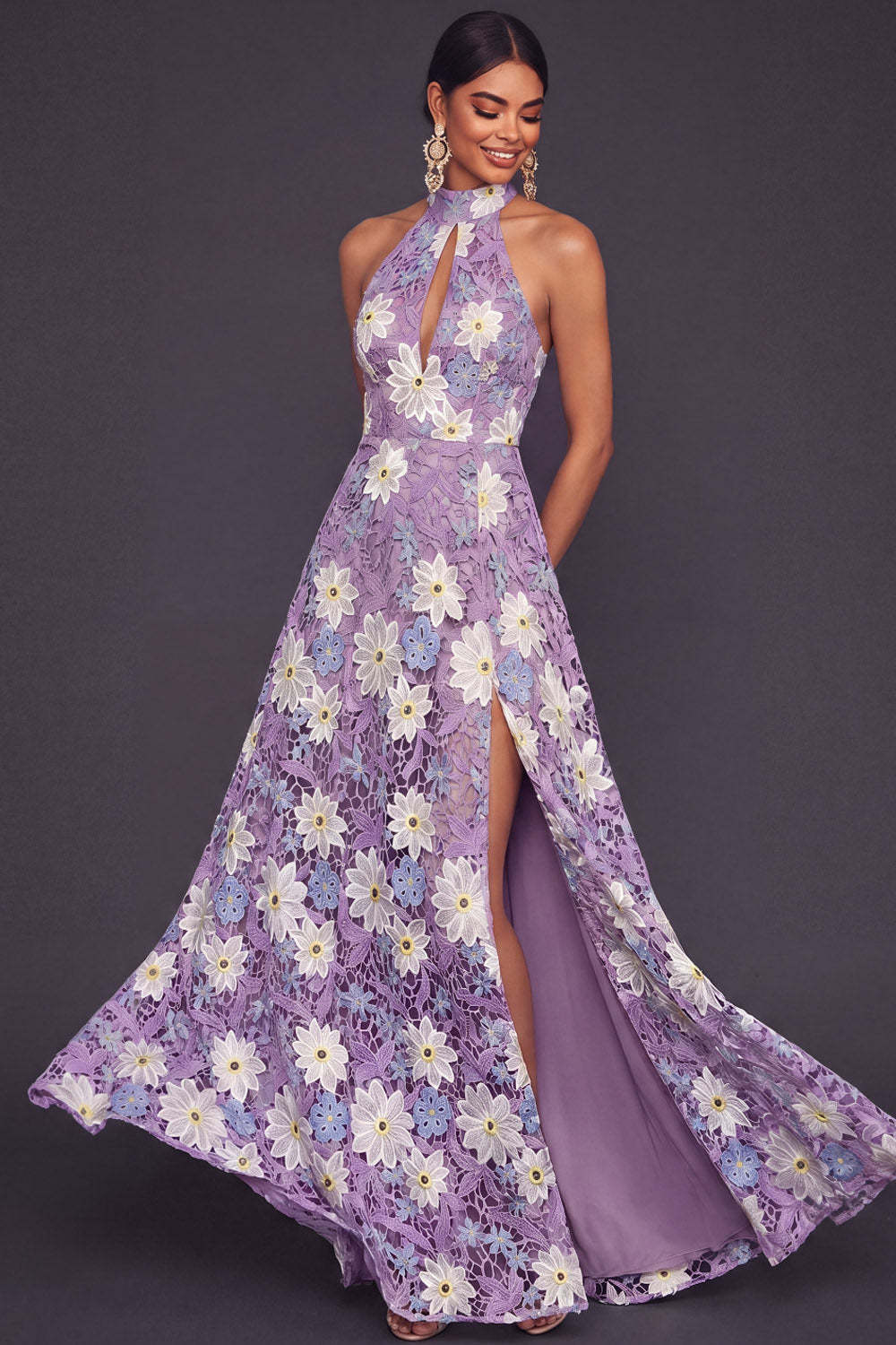 Lilac A Line Floral Keyhole Lace Maxi Wedding Guest Dress with Slit