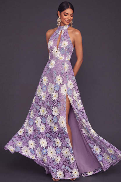 Lilac A Line Floral Keyhole Lace Maxi Wedding Guest Dress with Slit