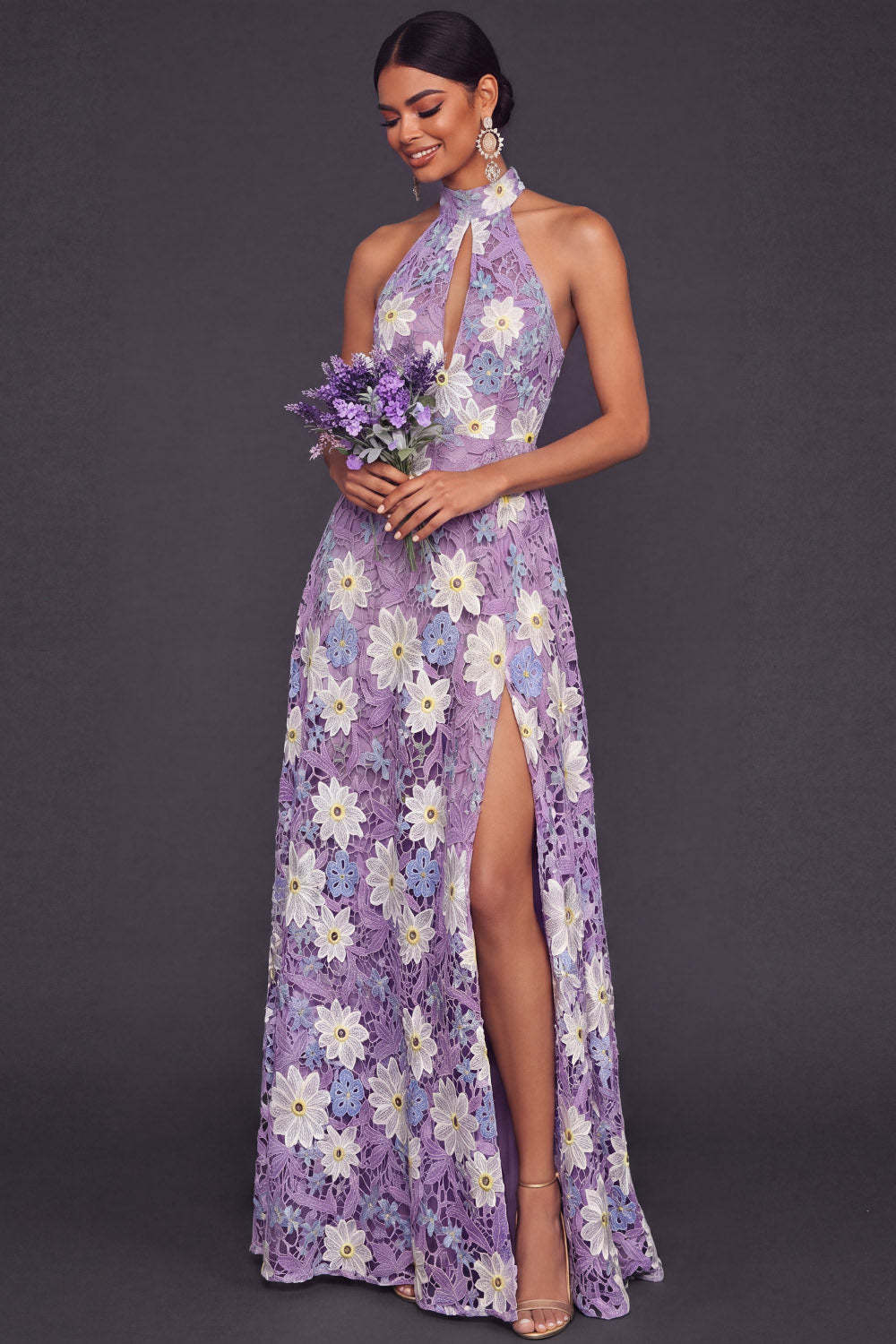 Lilac A Line Floral Keyhole Lace Maxi Wedding Guest Dress with Slit