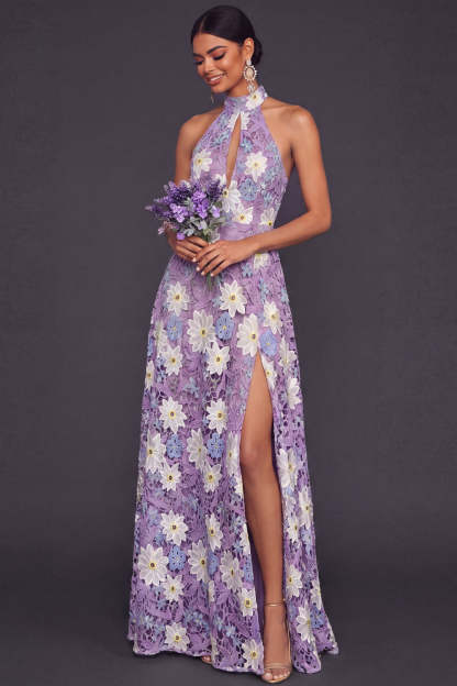 Lilac A Line Floral Keyhole Lace Maxi Wedding Guest Dress with Slit