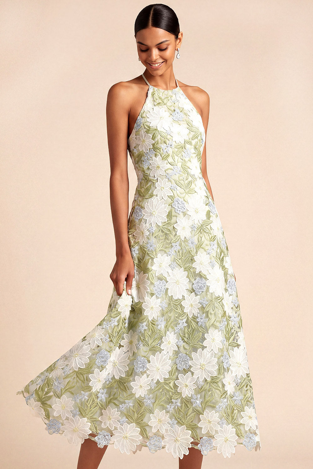 Light Green A Line Floral Halter Lace Midi Wedding Guest Dress