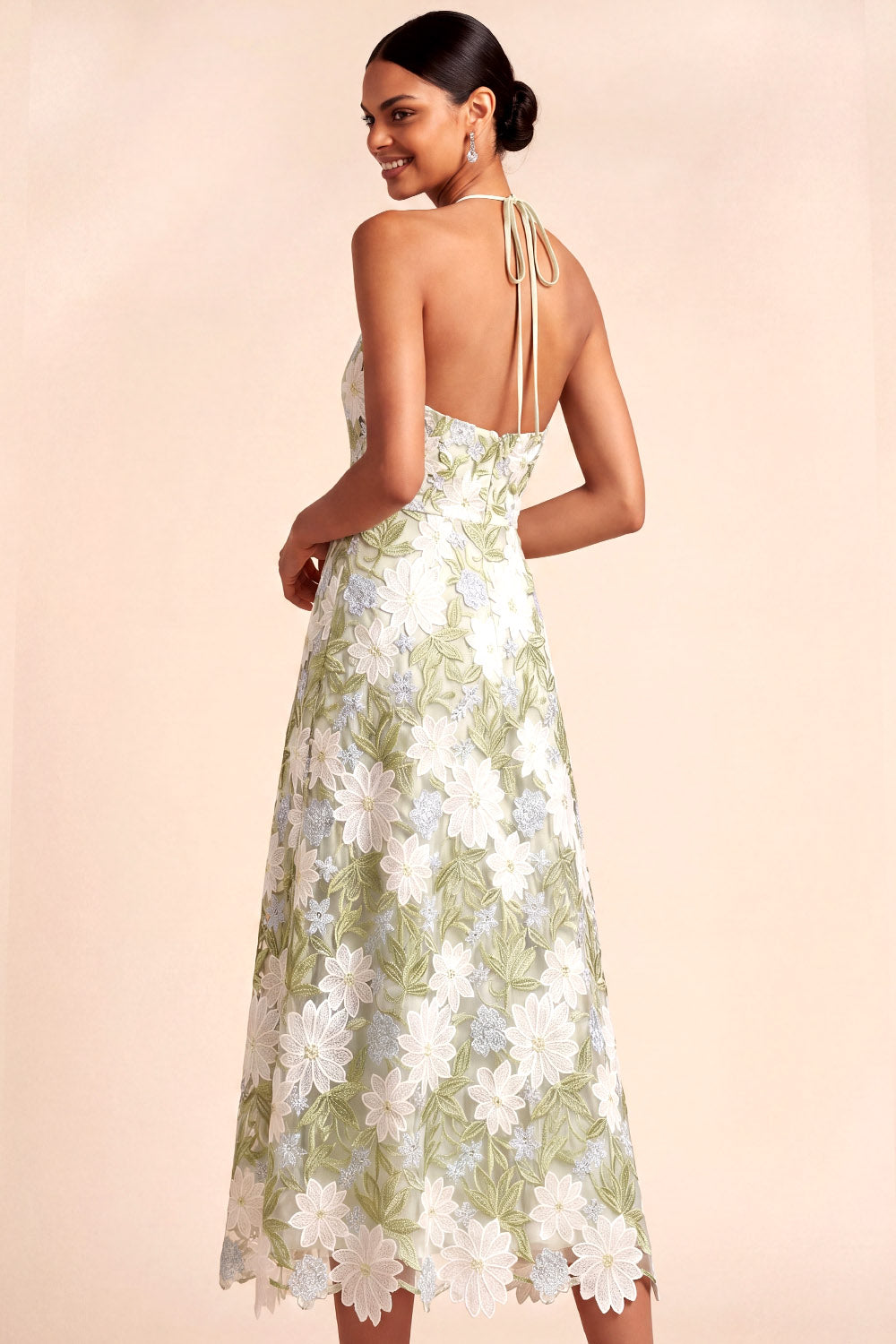 Light Green A Line Floral Halter Lace Midi Wedding Guest Dress