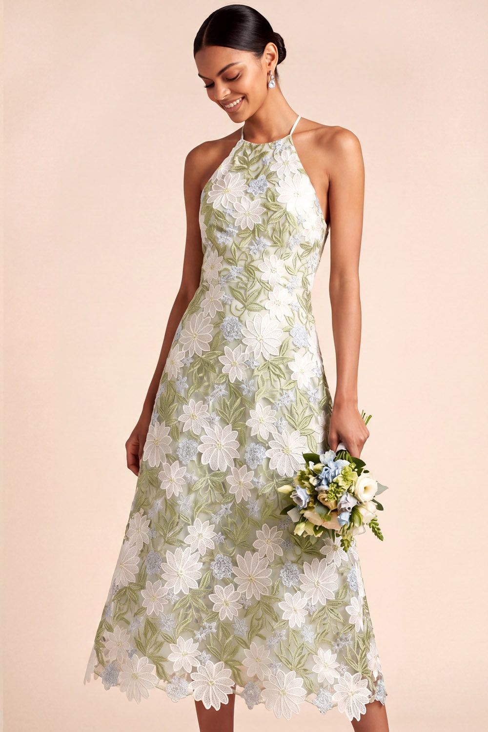 Light Green A Line Floral Halter Lace Midi Wedding Guest Dress