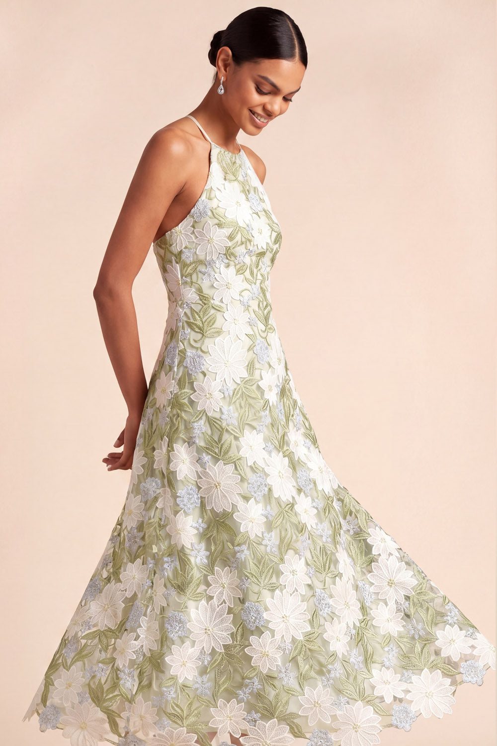 Light Green A Line Floral Halter Lace Midi Wedding Guest Dress