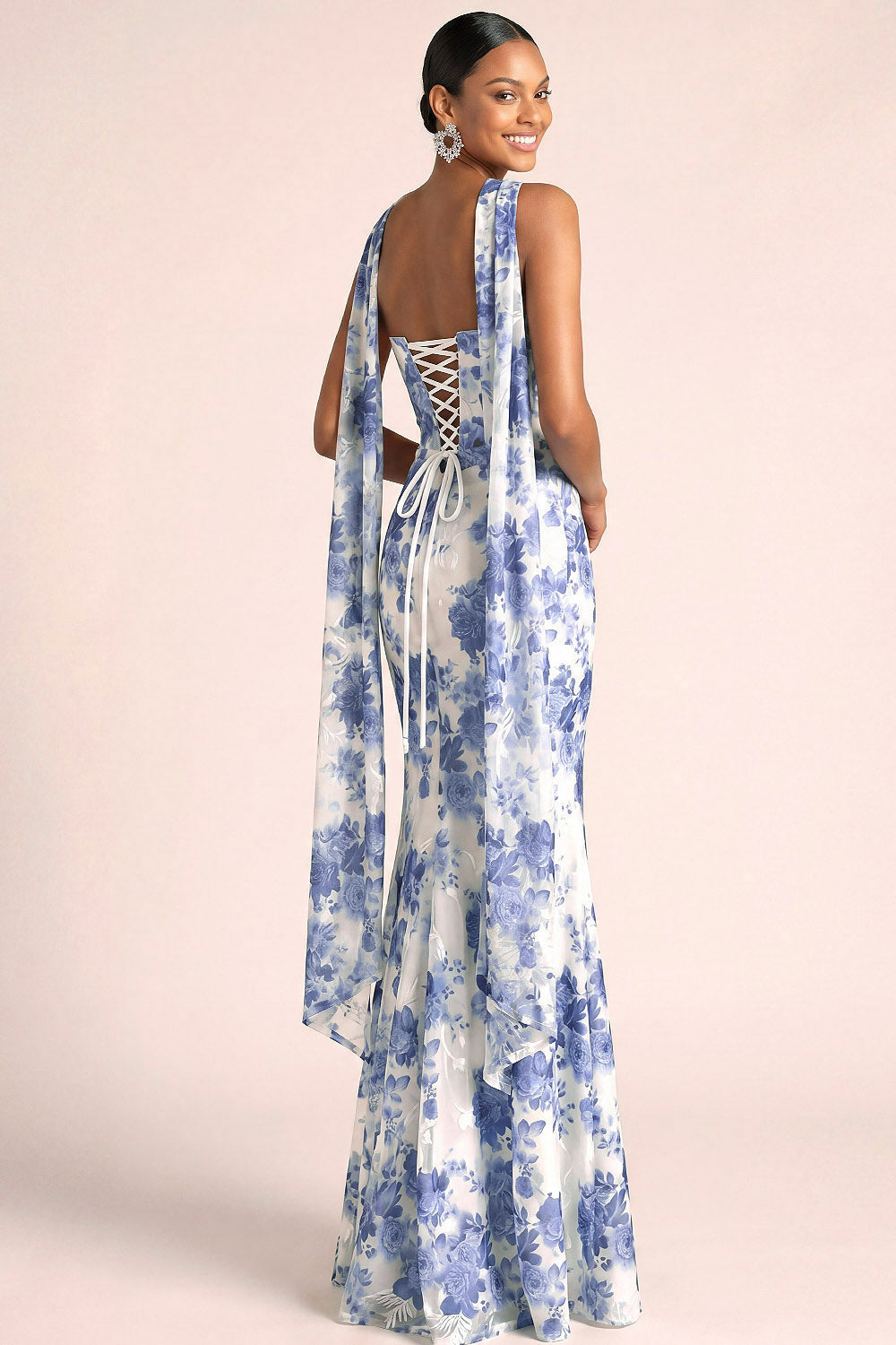 Blue Floral Mermaid Strapless Neck Scarf Basque Waist Maxi Wedding Guest Dress