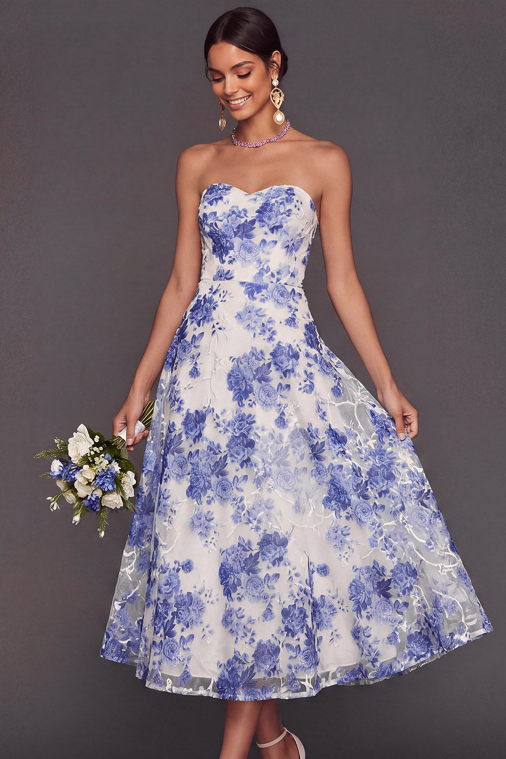 Blue A Line Floral Sweetheart Midi Summer Wedding Guest Dress