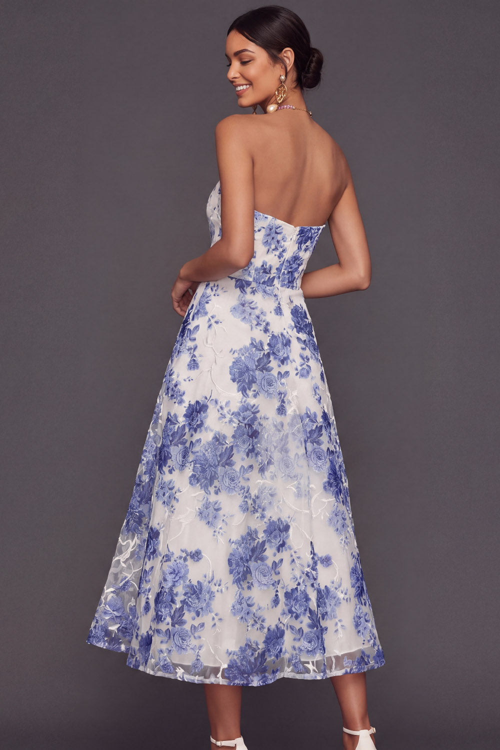 Blue A Line Floral Sweetheart Midi Summer Wedding Guest Dress