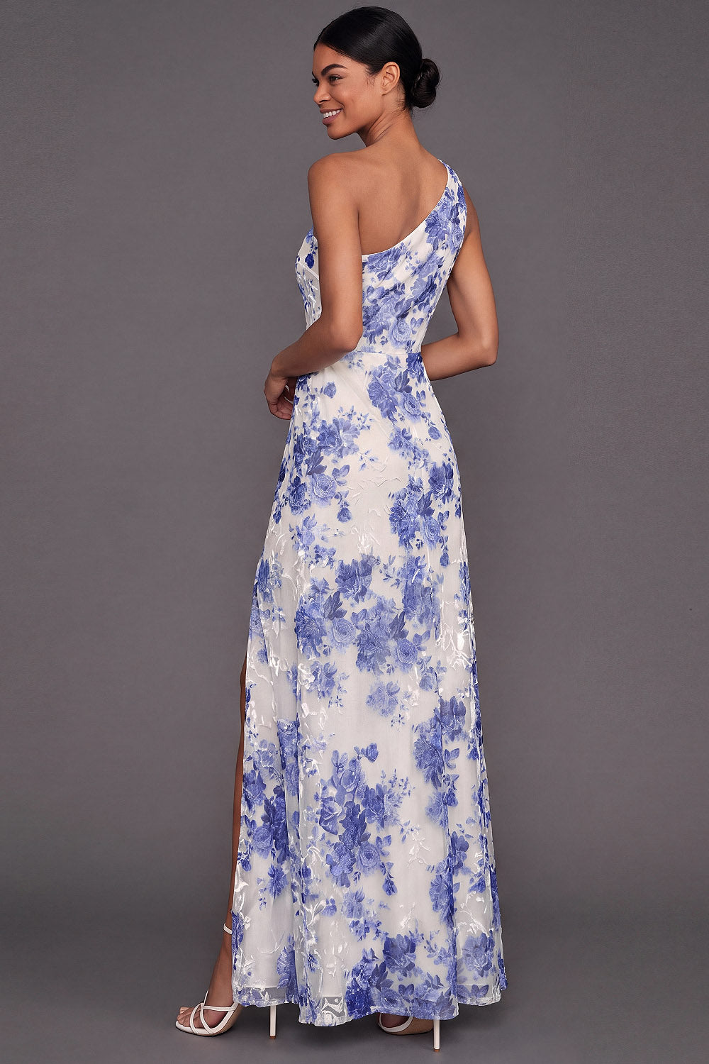 Blue Floral A Line One Shoulder Maxi Wedding Guest Dress with Slit