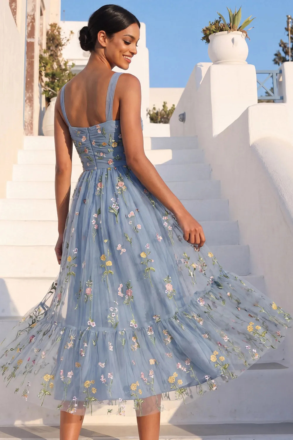 Grey Blue Floral Midi A Line Embroidered Wedding Guest Dress