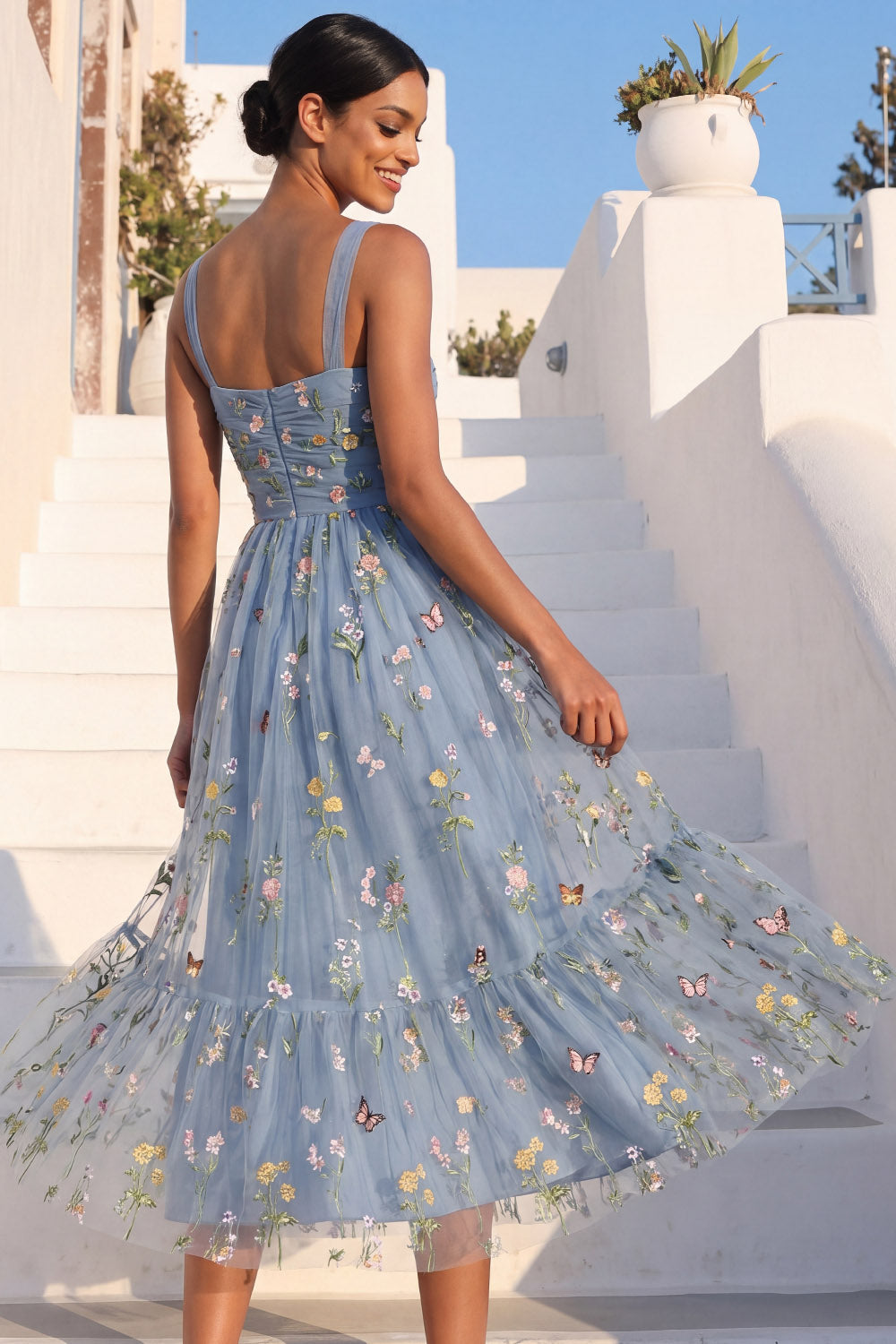 Grey Blue Floral Midi A Line Embroidered Wedding Guest Dress