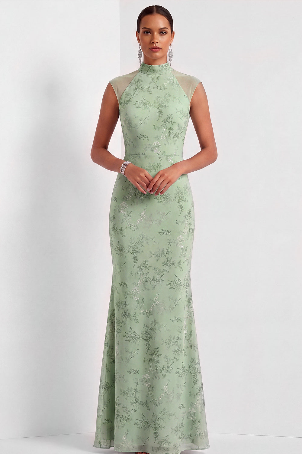 Dusty Sage Floral Mermaid Maxi Cap Sleeves Wedding Guest Dress
