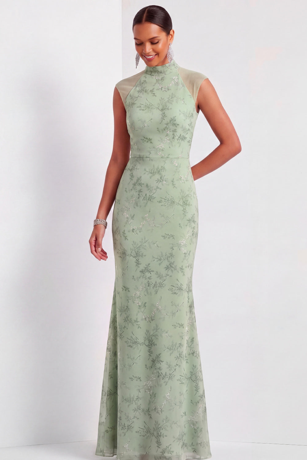 Dusty Sage Floral Mermaid Maxi Cap Sleeves Wedding Guest Dress