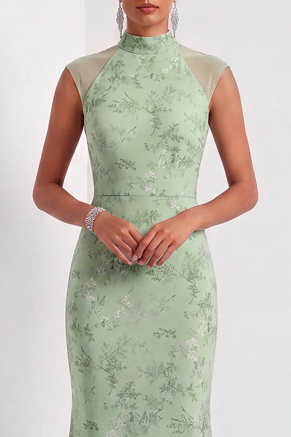 Dusty Sage Floral Mermaid Maxi Cap Sleeves Wedding Guest Dress