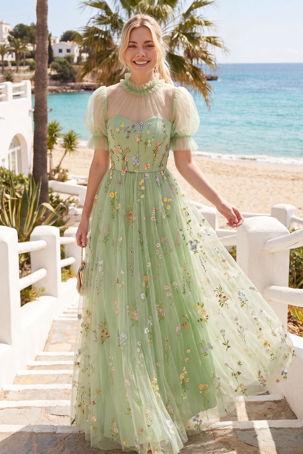Green Floral A Line Tulle Maxi Wedding Guest Dress with Embroidery