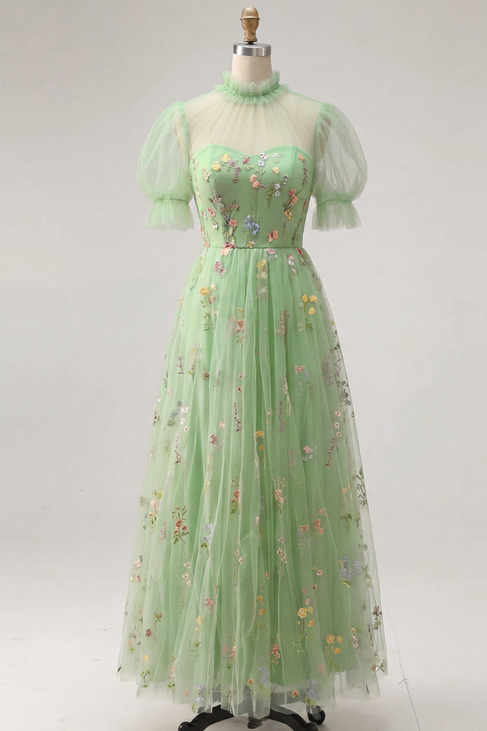 Green Floral A Line Tulle Maxi Wedding Guest Dress with Embroidery
