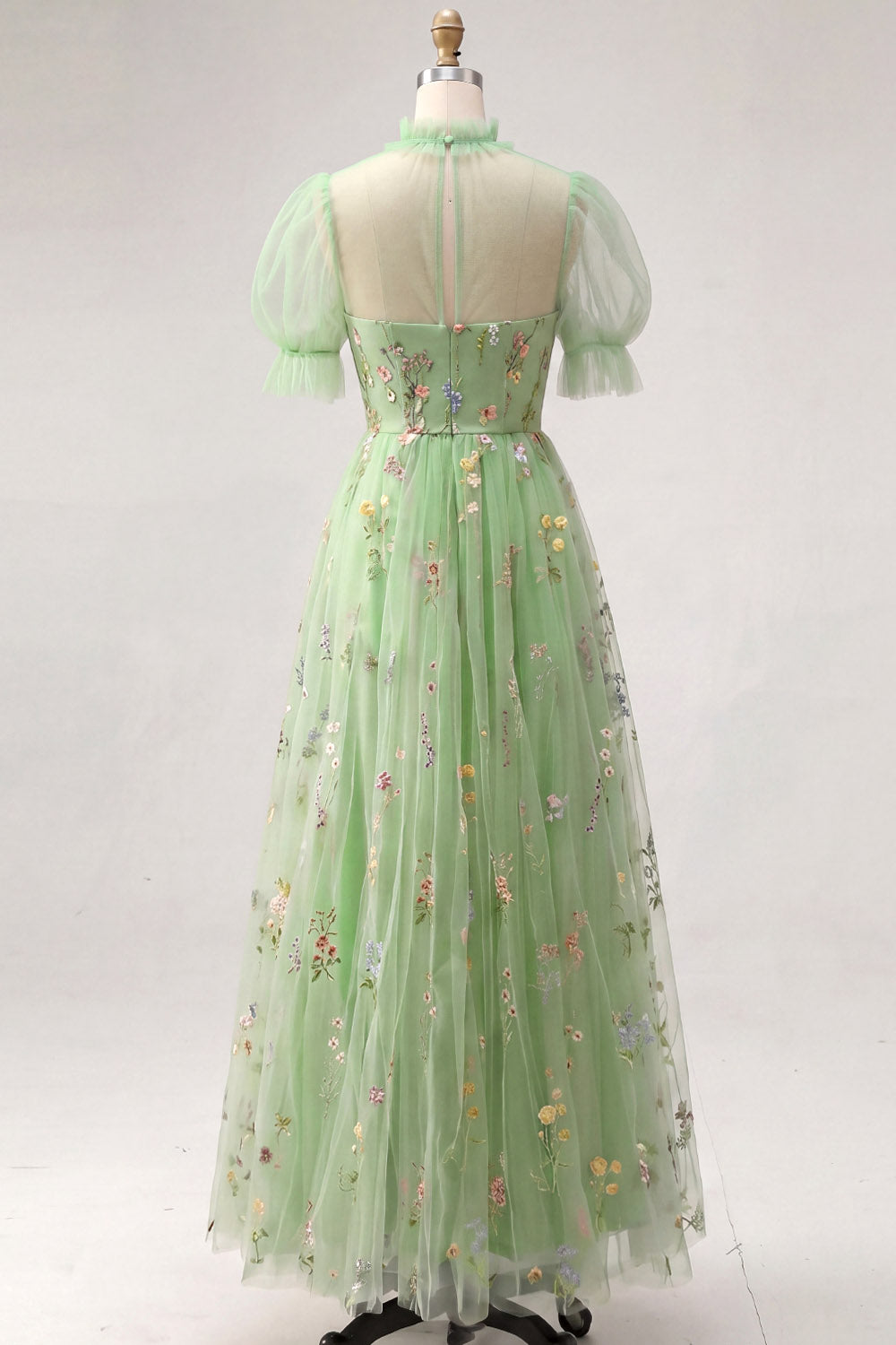 Green Floral A Line Tulle Maxi Wedding Guest Dress with Embroidery