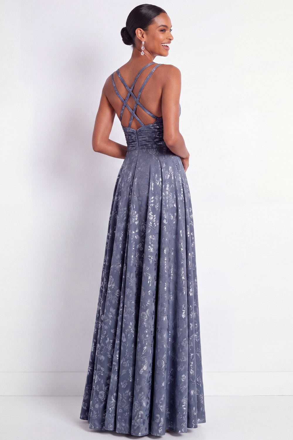 Dusty Blue Floral A Line Maxi Empire Waist Wedding Guest Dress
